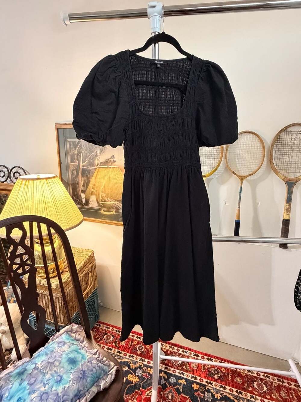 Madewell Lucie Puff-Sleeve Cotton Midi Dress Black Cottage Whimsy Coquette Smock